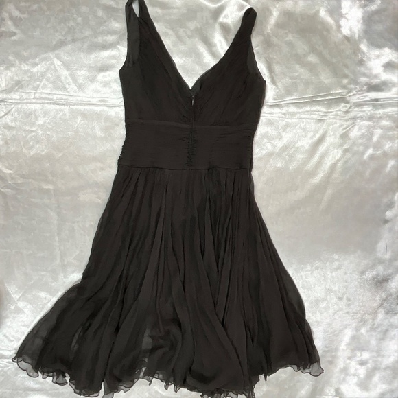 Tadashi Petite 6P 100% Silk Brown Cocktail Dress Ruched V-Neck Midi Evening - Picture 10 of 14